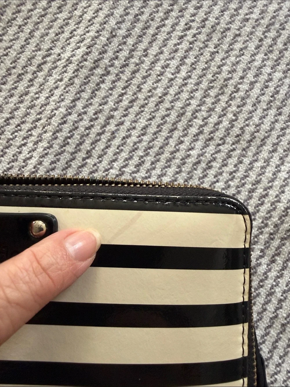 kate spade Black and White Striped Patent Zip Wallet